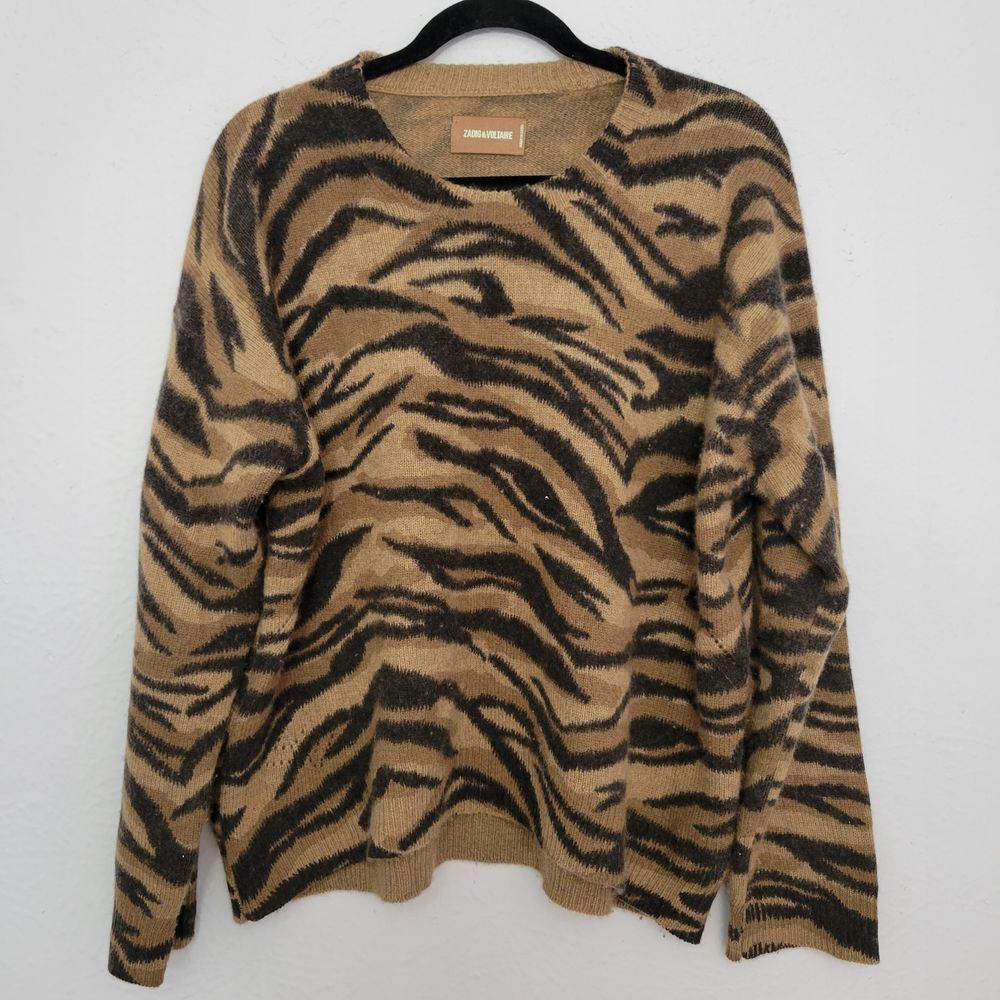 Zadig & Voltaire Tan and Black Tiger-Print Crewneck Sweater